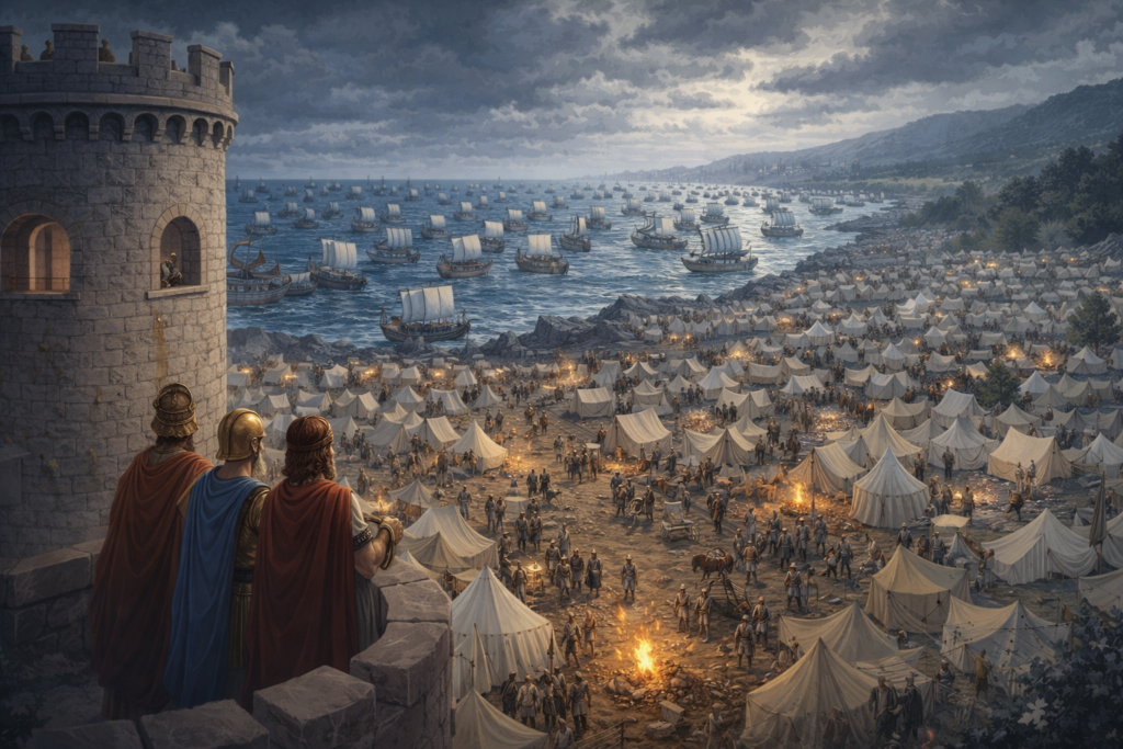 A wide view of the Greek camp at Aulis with hundreds of ships in the harbour