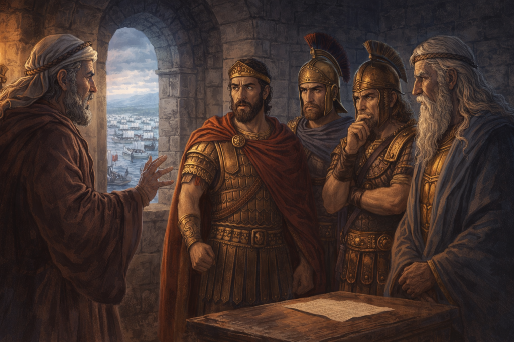 Calchas reveals the prophecy. Agamemnon looks shocked, Menelaus tense, Odysseus thoughtful, and Nestor grave.