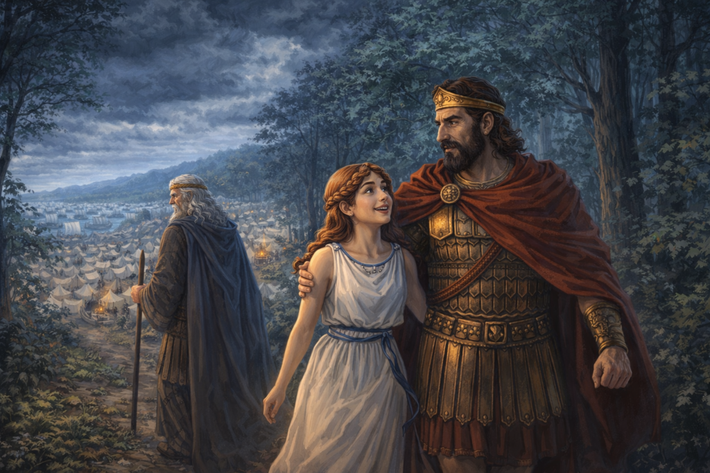 Iphigenia walking happily beside Agamemnon while Nestor leads them toward the forest