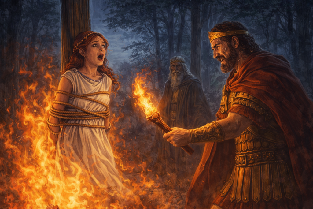 The dramatic moment in the forest clearing: Iphigenia tied to the wood, Agamemnon holding the torch in tears,
