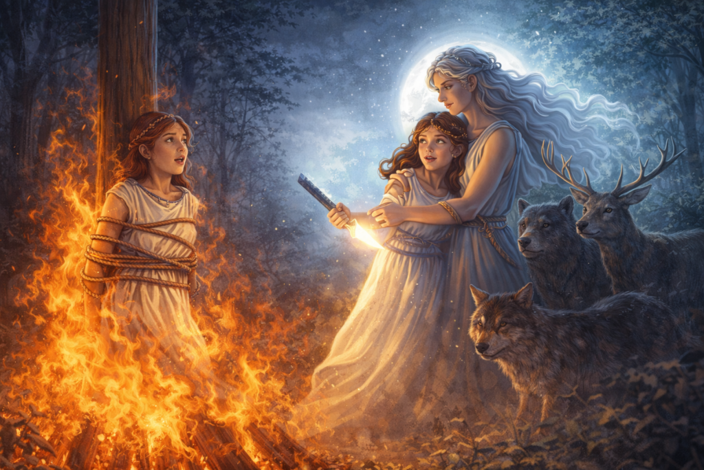 Artemis appearing in radiant moonlike light surrounded by wild animals as she rescues Iphigenia from the fire.