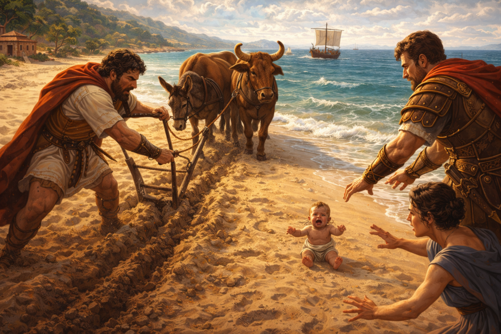 Odysseus plows the beach of Ithaca